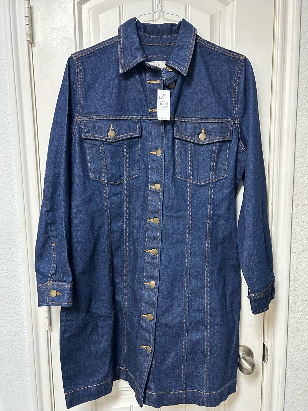 LOFT Indigo Denim Button-Front Long Sleeve Dress